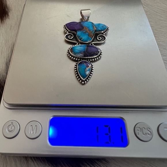 ❤️ Purple Dahlia Kingman Turquoise 3Stone Cow Head Huge Statement Pendant Unisex - Picture 8 of 13